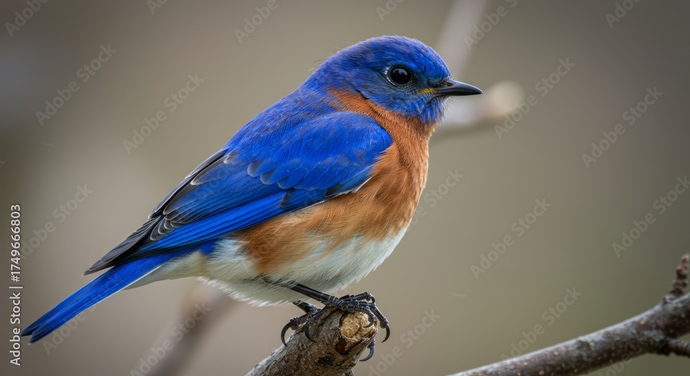 Obraz premium Eastern bluebird perched on branch, showing vibrant blue and orange plumage. A symbol of happiness and springtime in North America’s wildlife.