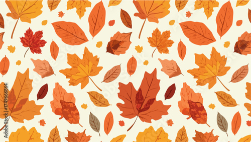 Vector design of A vibrant fall leaf pattern in a flat design style, featuring a variety of colorful leaves in shades of orange, yellow, red, and brown