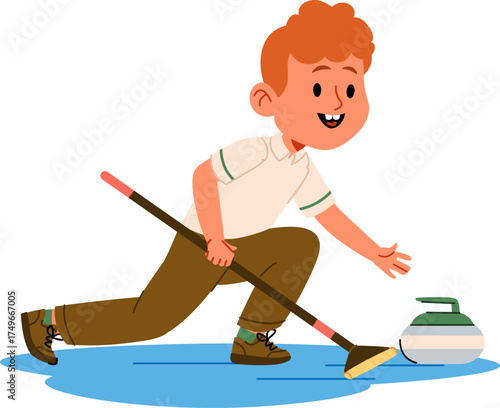 Boy Playing Curling on Ice
