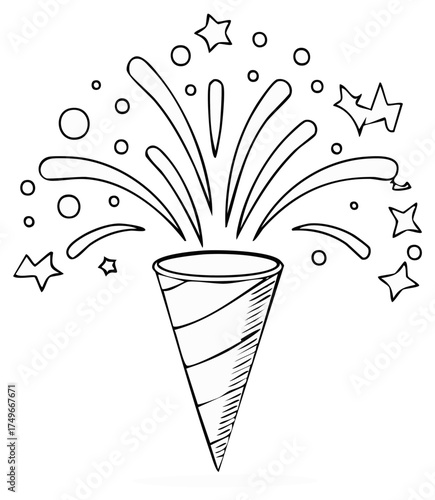 Party popper illustration with stars and circles