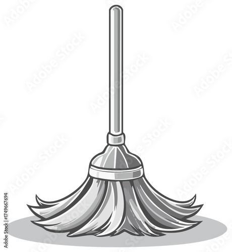 Vector icon of a classic janitorial mop for floor cleaning. Grayscale cartoon illustration.