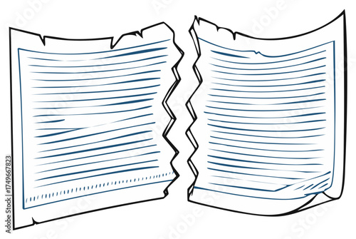 Hand-drawn torn paper with blue lined text, split in half with jagged edges