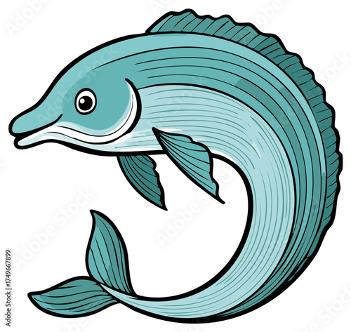 Cartoon stylized aquatic fish illustration with fins and tail design