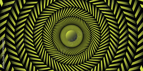 Abstract yellow background with a pattern of radiating circular radial black lines. Sunlight concept background.