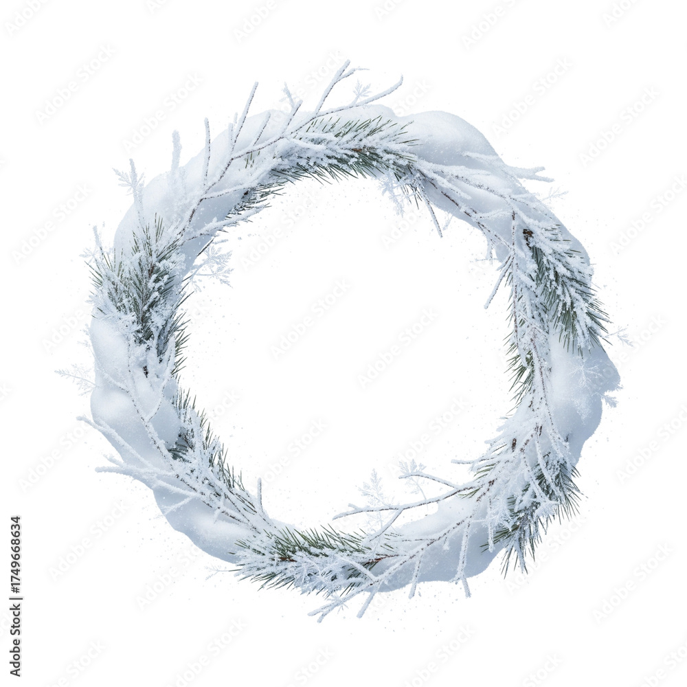 Fototapeta premium Winter wreath covered with snow isolated on transparent background for christmas decoration