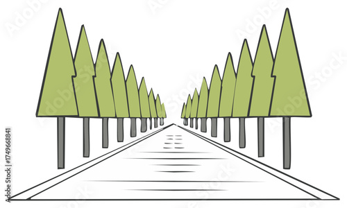 Road with green trees avenue perspective simple cartoon illustration