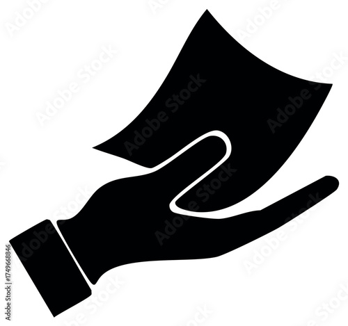 Simple flat icon of a hand giving or receiving a paper document, representing a transaction or service.