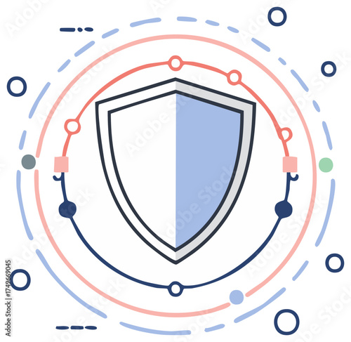Protection and data security shield icon with connected circles and lines