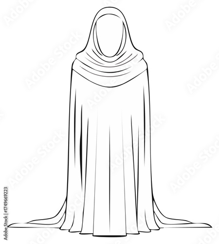 Mysterious cloaked figure with a hidden face standing in a long flowing robe line art illustration