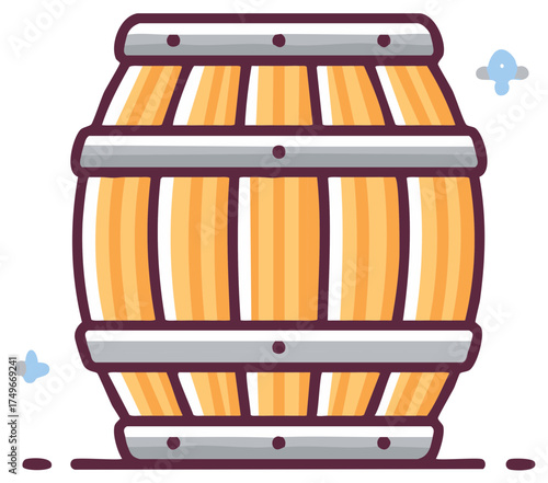 Wooden barrel with metal bands and abstract elements representing liquid