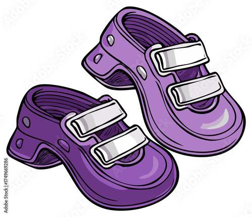 Pair of Vibrant Purple Kids Rubber Shoes with Velcro Straps Vector Art