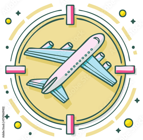 Airplane Cartoon Illustration Flying Over Clock Face Travel Theme