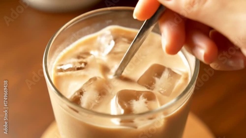 Close-up of iced coffee being stirred with a spoon.