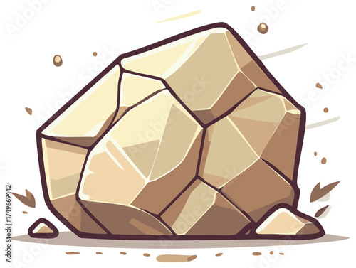 Cartoon Illustration of a Large Polygon Rock with Sand and Dust Particles Graphic, Boulder, Geology