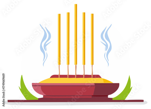Aromatic incense sticks burning with gentle smoke in a traditional spiritual offering censer
