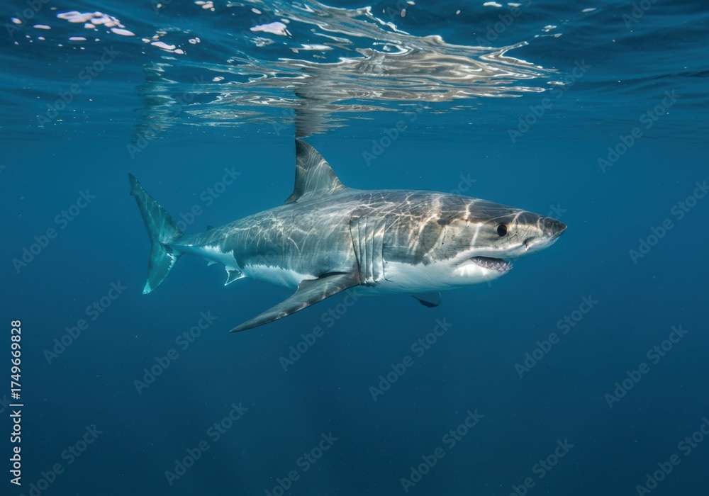 Naklejka premium Great White Shark in the Deep Ocean