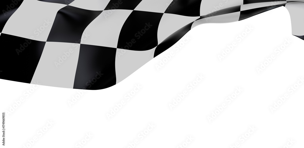 Naklejka premium A high-quality, dynamic shot of a black and white checkered racing flag waving in the wind against a clean white background. Ideal for speed and