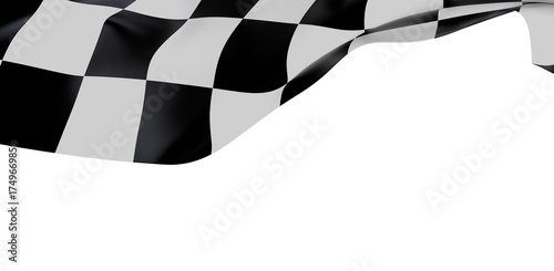 A high-quality, dynamic shot of a black and white checkered racing flag waving in the wind against a clean white background. Ideal for speed and