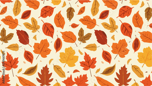 Vector design of A vibrant fall leaf pattern in a flat design style, featuring a variety of colorful leaves in shades of orange, yellow, red, and brown