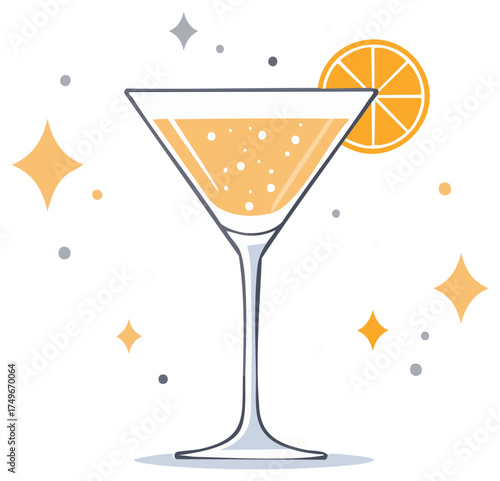 Sparkling orange cocktail in a martini glass with citrus slice and festive bubbles