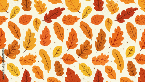Vector design of A vibrant fall leaf pattern in a flat design style, featuring a variety of colorful leaves in shades of orange, yellow, red, and brown