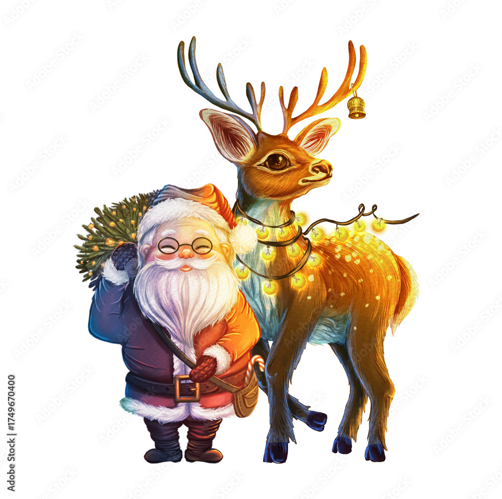Obraz premium Festive Christmas illustration of Santa and reindeer. New Year's print with glowing lanterns for cards, invitations, prints