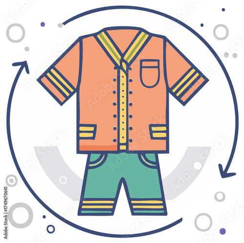 Eco-Friendly Fashion Illustration Featuring Recycled Clothing, Circular Arrows, and Garment Upcycling for Sustainability