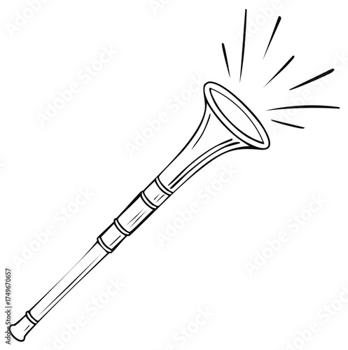 Drawn horn with sound wave illustrations, isolated on white background, musical instrument