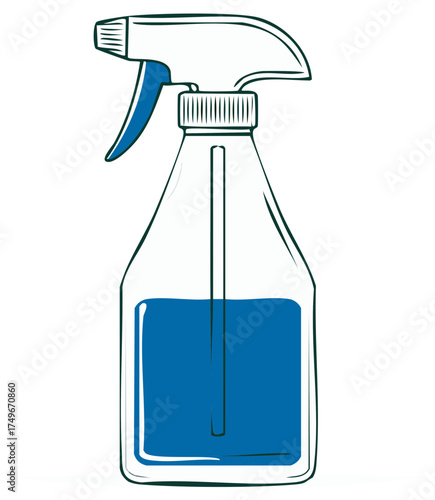 Line drawing of a spray bottle filled with blue liquid and a spray mechanism