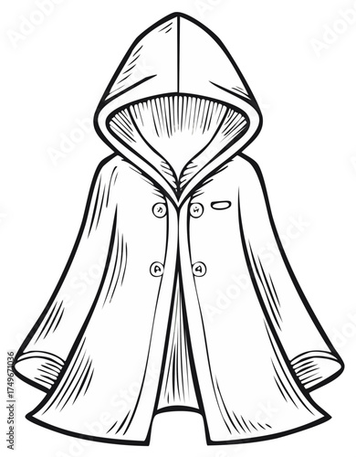 Line art illustration of a mysterious empty hooded raincoat or cloak