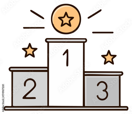 Illustration of a podium with first second and third place with stars and medal representing achievement