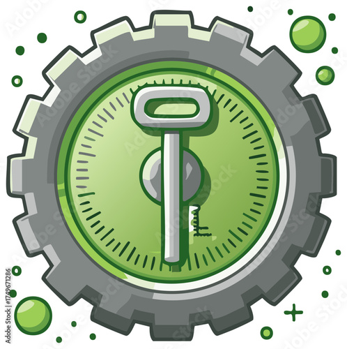 Gear with Key and Time Markings Cartoon Illustration Concept for Security Access and Control