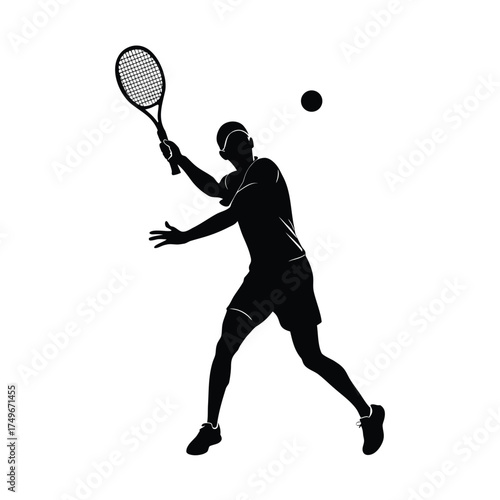 Silhouette of a male tennis player mid-swing with racket Keywords: male, tennis, player