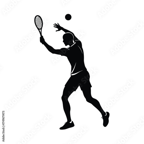 Silhouette of a male tennis player hitting a ball Keywords: male, tennis, player, silhouette
