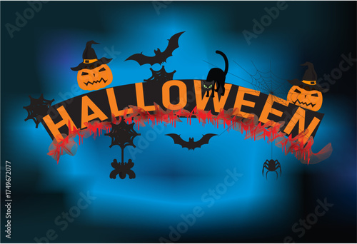 Funny composition for Halloween with pumpkins and inscription