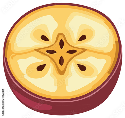A half Apple cut with brown seeds inside a tan colored flesh and dark red skin showing a healthy snack icon