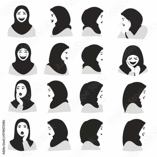 Vector set of a Muslim woman in hijab with different facial expressions and emotions.