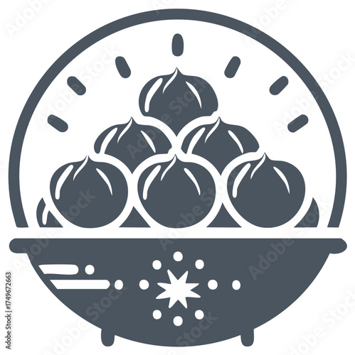 Traditional hot fresh Asian food dim sum dumplings in a steamer basket icon
