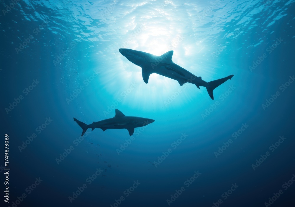Naklejka premium Shark Silhouettes in the Deep Ocean
