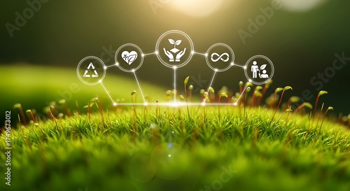 Abstract digital art of glowing eco-friendly symbols on a blurred green grassy field