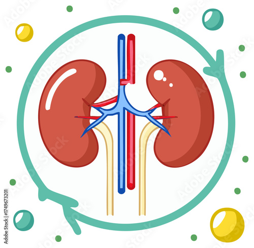 Human Kidneys Renal System Medical Illustration with Adrenal Glands and Blood Vessels Circulating