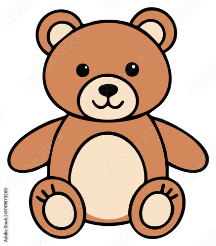 Cute cartoon brown teddy bear with happy expression sitting and smiling.
