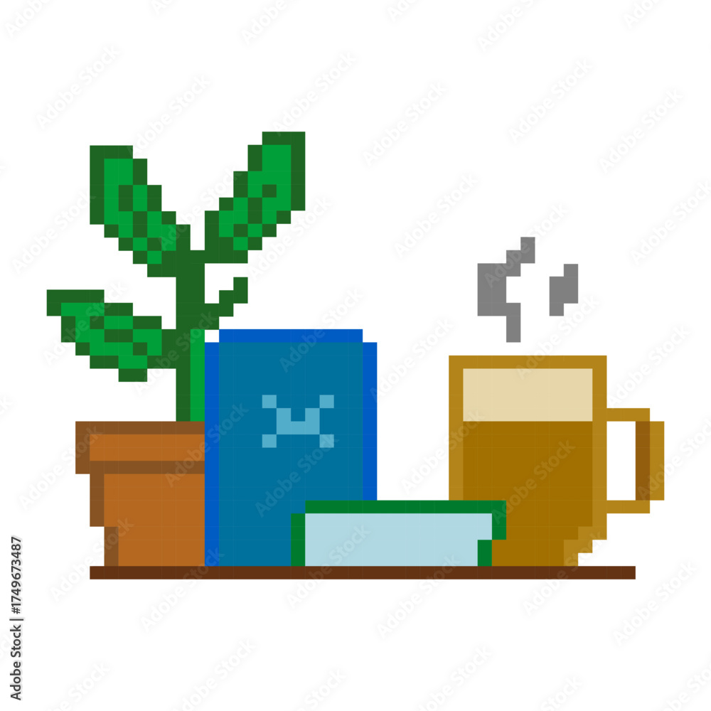 Obraz premium Coffee Mug with Books Pixel Art