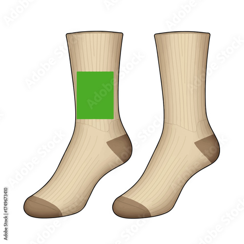 Customizable Beige Crew Socks with Green Design Area.