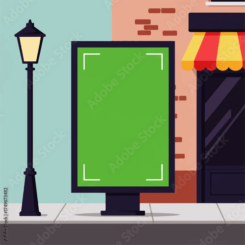 Blank Green Screen Billboard Mockup on Urban Street Sidewalk.