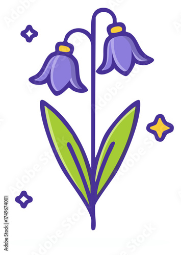 Vibrant cartoon bellflower illustration with purple blossoms, green leaves and subtle sparkle details