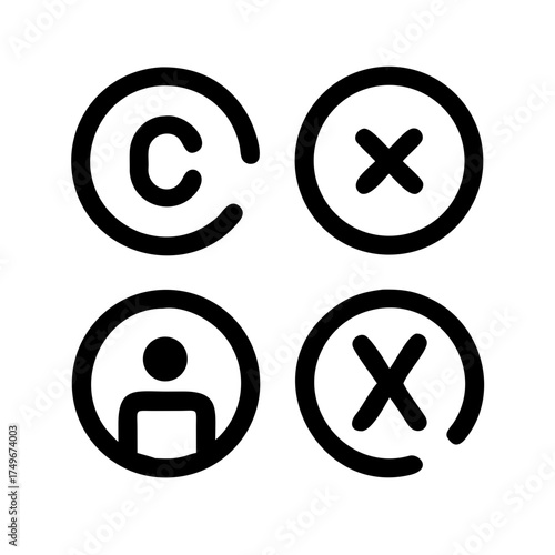 Four black icons representing copyright and errors