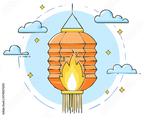 Traditional orange lantern with flame and tassels suspended against a blue sky with clouds and stars