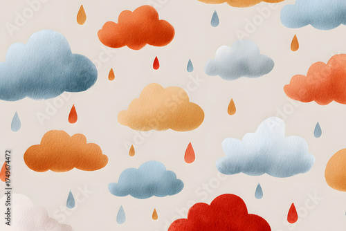 Whimsical pattern shows clouds in various colors with drops of rain falling against a soft background