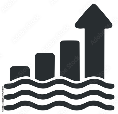 Rising water level bar chart with upward arrow symbolizing environmental change